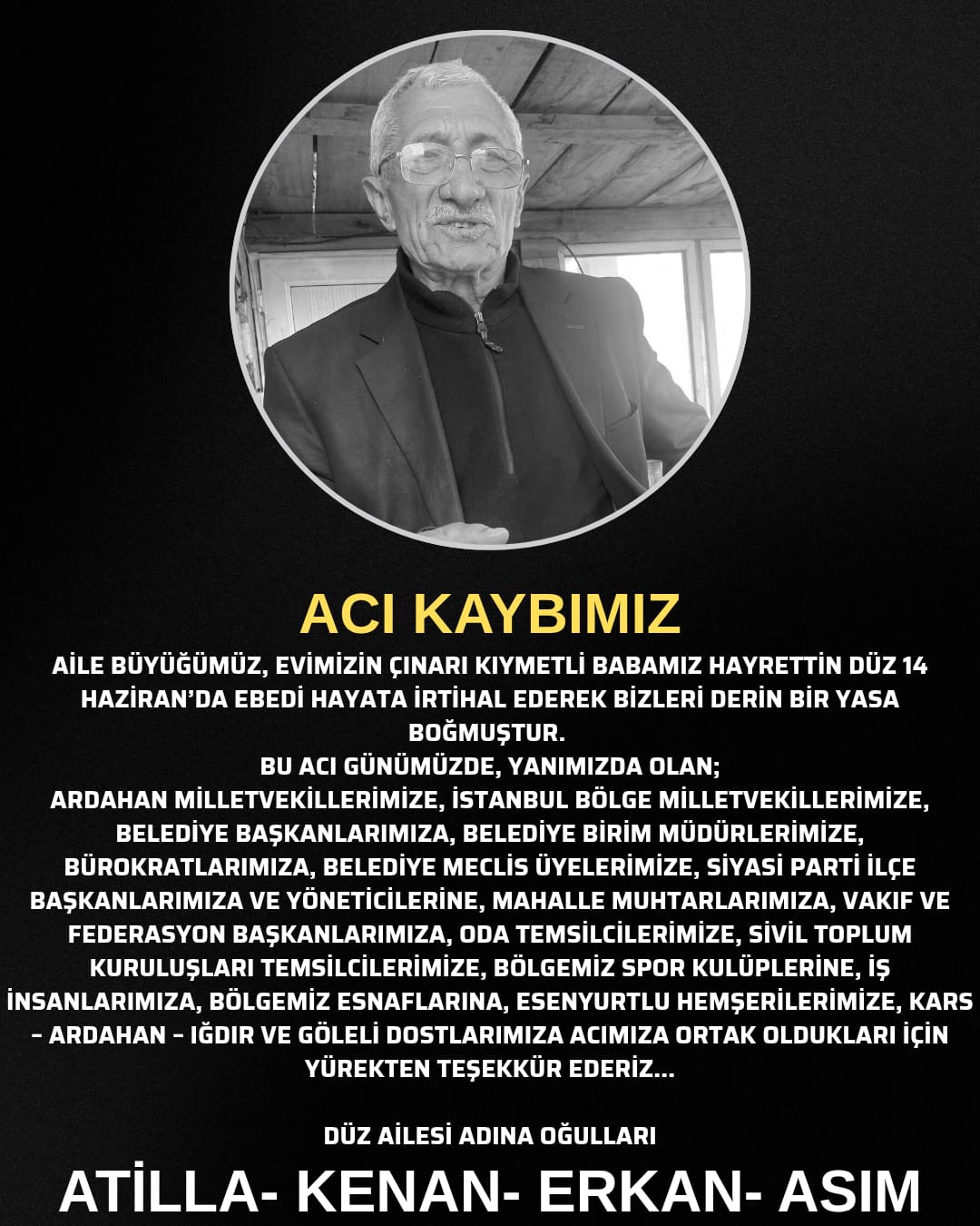 DÜZ AİLESİ TAZİYE TEŞEKKÜR İLANI